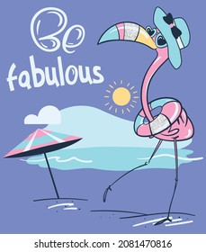 Cute flamingo with summer hat and sunglasses at the beach