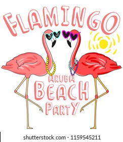 Cute flamingo with sunglasses, Aruba beach party graphics for garments, heart glasses, vector illustration, summer print design