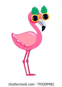 Cute flamingo with sunglasses, glasses pineapple, vector illustration, summer print design, children print on t-shirt, 