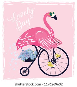 Flamingo con gafas de sol, Pájaro dulce con bicicleta , ilustración vectorial, diseño de impresión de verano, niños impresos en el pantalones t. Pintura de animal.