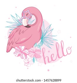 Cute flamingo with sunglasses, vector illustration, summer print design.