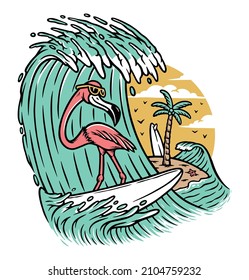 cute flamingo surfing the sea illustration