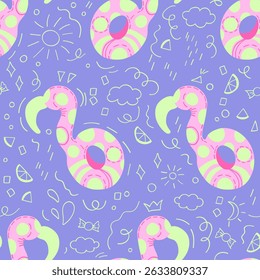 Cute flamingo swim ring vector seamless pattern. Rubber toy for water, float in doodle style.
