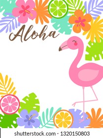 Cute flamingo with tropical flower and leaf border illustration for party invitation card template.