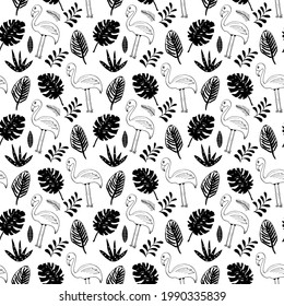 Cute Flamingo and Tropical plants Seamless pattern. Hand Drawn Animal and palm leaves Background. Vector Illustration.