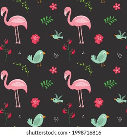 Cute Flamingo and Tropical plants Seamless pattern. Hand Drawn Animal and exotic flowers Background. Vector Illustration.