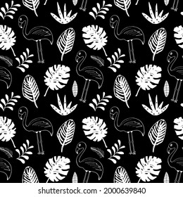 Cute Flamingo and Tropical plants Seamless pattern. Hand Drawn Animal and palm leaves Background. Vector Illustration.