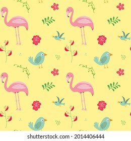 Cute Flamingo and Tropical plants Seamless pattern. Hand Drawn Animal and exotic flowers Background. Vector Illustration.