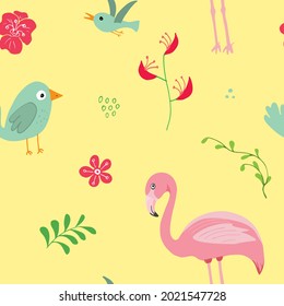 Cute Flamingo and Tropical plants Seamless pattern. Hand Drawn Animal and exotic flowers Background. Vector Illustration.