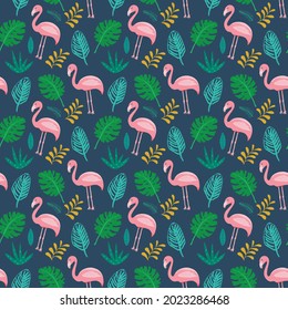 Cute Flamingo and Tropical plants Seamless pattern. Hand Drawn Animal and palm leaves Background. Vector Illustration.
