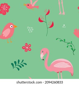Cute Flamingo and Tropical plants Seamless pattern. Hand Drawn Animal and exotic flowers Background. Vector Illustration.