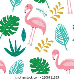 Cute Flamingo and Tropical plants Seamless pattern. Hand Drawn Animal and palm leaves Background. Vector Illustration.