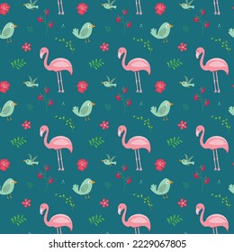 Cute Flamingo y plantas tropicales Patrón sin foco. Animales dibujados a mano y flores exóticas fondo. Ilustración vectorial.