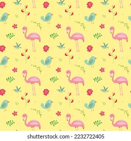 Cute Flamingo y plantas tropicales Patrón sin foco. Animales dibujados a mano y flores exóticas fondo. Ilustración vectorial.