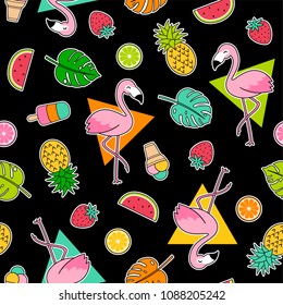 Cute flamingo and tropical summer elements seamless pattern with triangle background