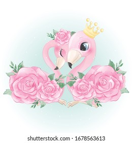 Cute flamingo with watercolor rose