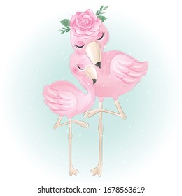 Cute Flamingo With Watercolor Rose