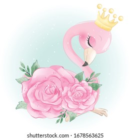 Cute flamingo with watercolor rose