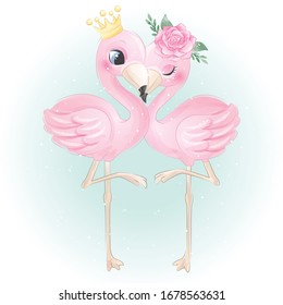 Cute Flamingo With Watercolor Rose