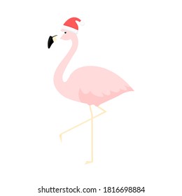 Cute flamingo wear Santa hat vector illustration isolated on white. Merry Christmas concept.