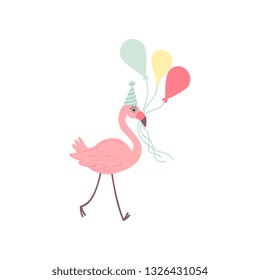 Cute Flamingo Wearing Party Hat Holding Colorful Balloons, Beautiful Exotic Bird Character Vector Illustration