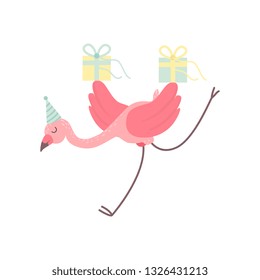 Cute Flamingo Wearing Party Hat Running with Gift Boxes, Beautiful Exotic Bird Character Vector Illustration