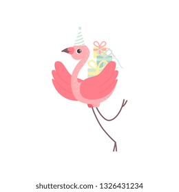 Cute Flamingo Wearing Party Hat Flying with Gift Boxes, Beautiful Exotic Bird Character Vector Illustration