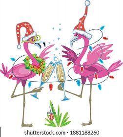 Cute flamingoes with glasses of champagne Christmas and Happy New Year illustration