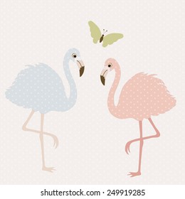 Cute flamingos and butterfly. Vector textile stickers 