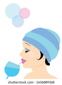 Cute Flapper girl drinking coconut water: spa invitation postcard. beautiful Vector illustration
