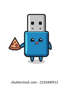 cute flash drive usb cartoon eating pizza , cute style design for t shirt, sticker, logo element
