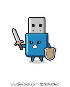 cute flash drive usb soldier fighting with sword and shield , cute style design for t shirt, sticker, logo element