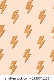 Cute Flash, Lightning Bolt Seamless Pattern on Peach Background. Hand Drawn Vector Illustration for Textile, Fabric Prints, Wrapping Paper.