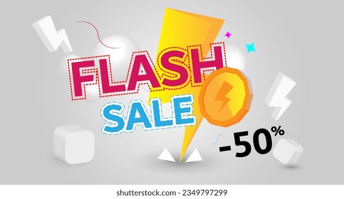 Cute Flash Sale promotion with Flash , coin icon. Special offer 50% off. Get extra discount invitation. child toy fun style. for web Commercial voucher. White background vector illustration eps10