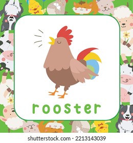 Cute flashcard of animal farm. Educational printable game cards. Colorful printable flashcard. Ready to print. Educational card for preschool. Vector illustration.