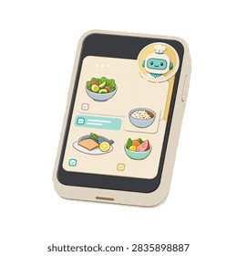 Cute flat 3D isometric illustration of AI meal planner app on smartphone with chef robot and healthy food. Modern AI technology concept for nutrition app, diet tracking, healthy eating, food recommendation and meal planning. Smartphone showing salad, salmon, fruit and oatmeal. Vector illustration.