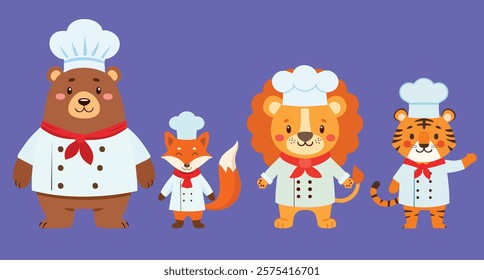 cute flat Animal Chefs: Lion, Fox, Tiger, and Elephant in Chef Uniforms, Cute Cartoon Vector Illustrations for Kids and Culinary Themes