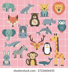 Conjunto de Colección de animales planos lindos para Educación y diseño para niños.