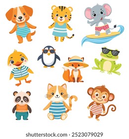 cute flat animals in beach outfit. dog, cat, elephant, penguin, frog, fox, duck, panda, cat, money