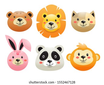 Cute Flat Animals Printing Baby Product in  Vector Illustration. Bear, Lion, Cat, Rabbit, Panda, Monkey