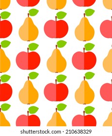 Cute flat apples and pears, food seamless pattern 