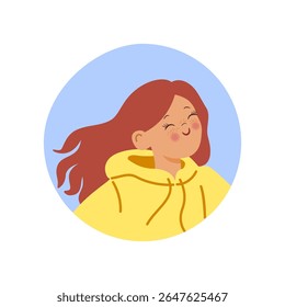 Cute flat avatar image of girl with long red hair, funny face, wearing yellow hoodie