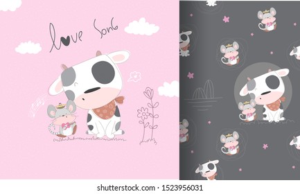 cute flat baby mouse with cow seamless pattern cartoon  animal