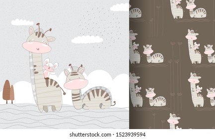 cute flat baby mouse with giraffe seamless pattern