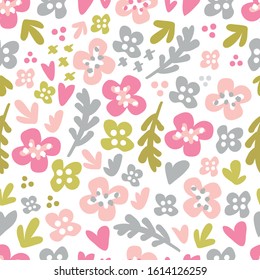 Cute flat background with flowers, seamless pattern.