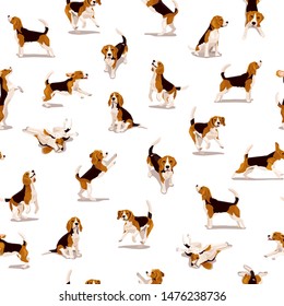 Cute flat beagle puppy in various poses and action. Seamless pattern with funny dogs. Bright vector background with domestic pets