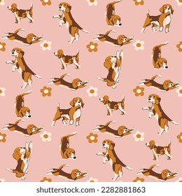 Cute flat beagle puppy in various poses and action. Seamless pattern with funny dogs. Bright vector background with domestic pets