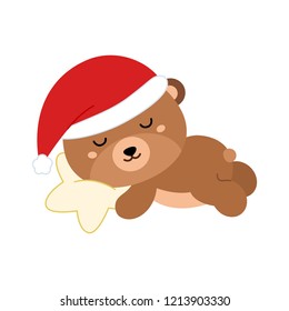 Cute flat bear in christmas hat sleeping on star shaped pillow.