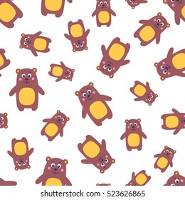 Cute flat bears. Vector seamless pattern with nice bear. Brown, yellow, pink and white colors. On white background. Childish backdrop.