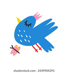 Cute flat bird flying with tiny butterfly. Hand drawn doodle blue birdie for trendy spring scrapbook childish postcard.